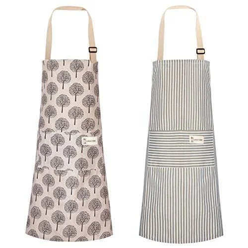 2 Pieces Cotton Linen Cooking Apron Adjustable Kitchen Apron Soft Chef Apron with Pocket for Women and Men