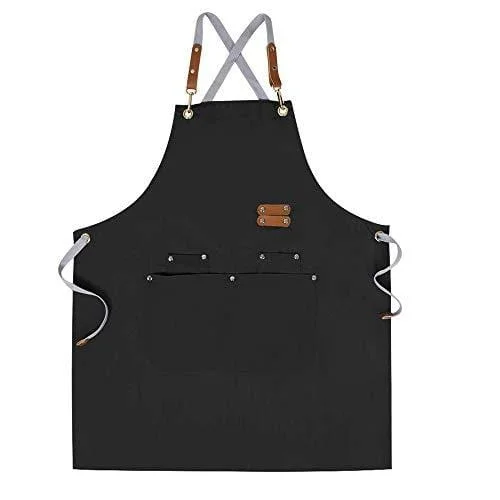 Chef Apron,Cross Back Apron for Men Women with Adjustable Straps and Large Pockets,Canvas,M-XXL (Black)