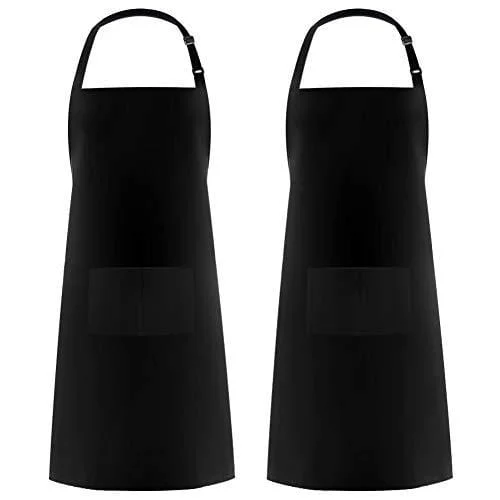 Syntus 100% Cotton Adjustable Bib 2 Pockets Cooking Kitchen Aprons, BBQ Drawing, Women Men Chef, Black