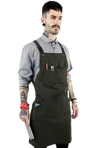 Under NY Sky Essential Army Green Apron – Cross-Back with Durable Twill and Leather Reinforcement – Adjustable for Men and Women – Pro Chef, Tattoo Artist, Baker, Barista, Bartender, Server Aprons