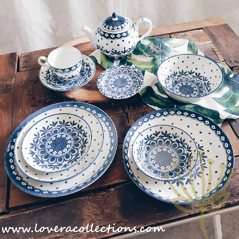 Awasaka Japan Blue & White Polka Dots Dessert Plate, Dessert Bowl & Condiments Dish