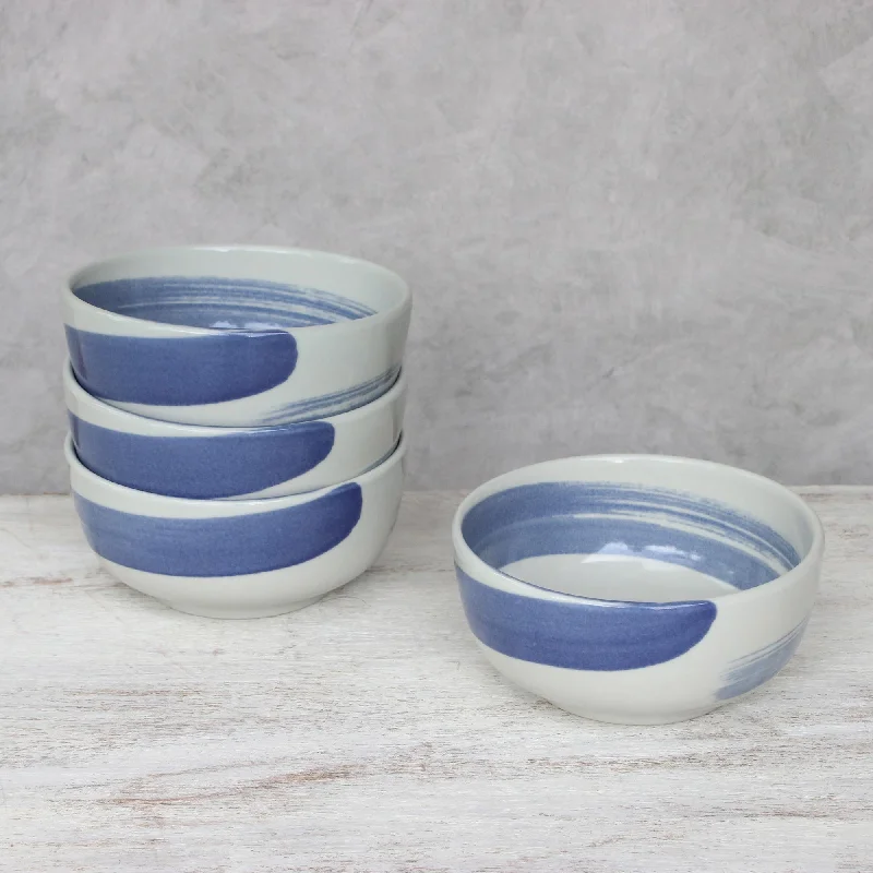 Blue Winds Handcrafted Blue and White Ceramic Set of Four Bowls