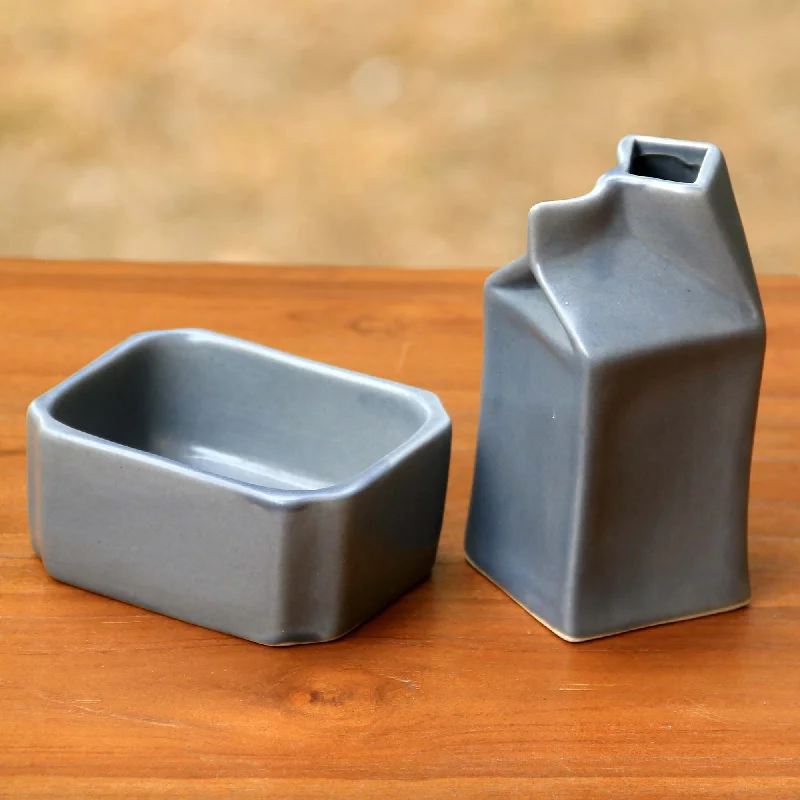 Cloudy Morn Contemporary Grey Ceramic Handcrafted Sugar Bowl and Creamer