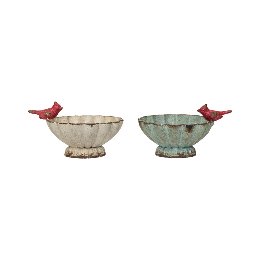 Decorative Fluted Bowl with Cardinal Bird, Distressed Finish