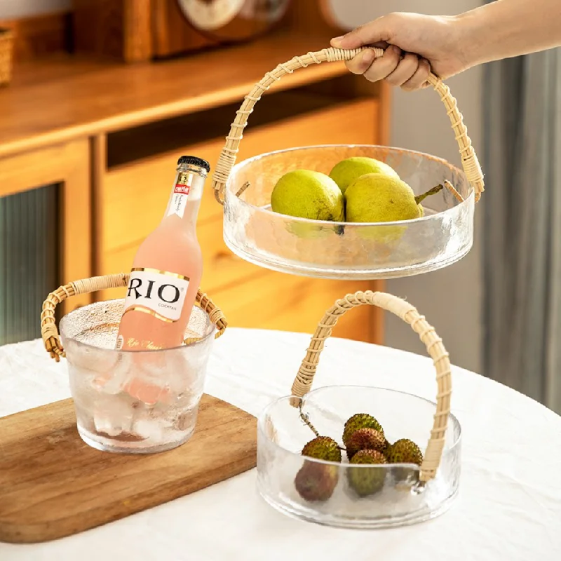 Glass Fruit Bowl With Bamboo Handle