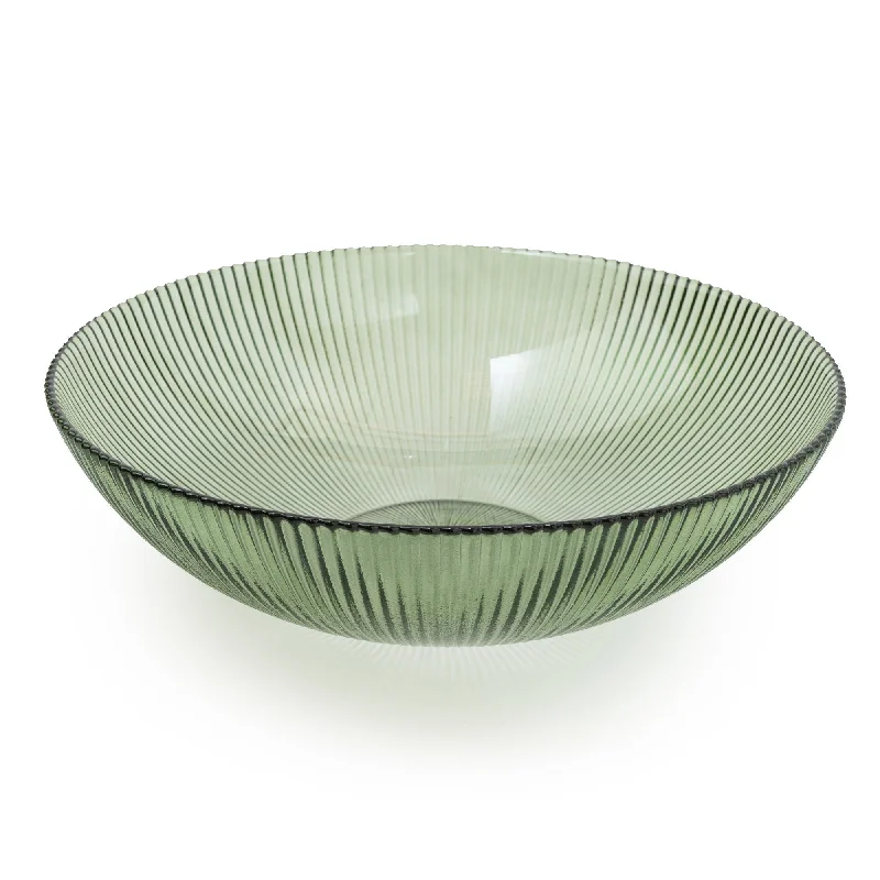 Large Green Glass Bowl with Elegant Ridges