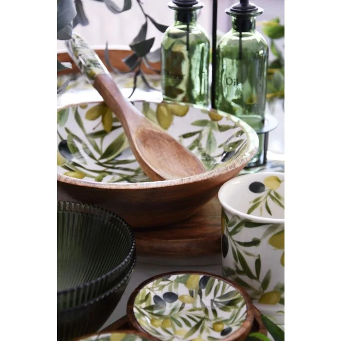 Elegant Mango Wood Bowl with Enamel Olive Design