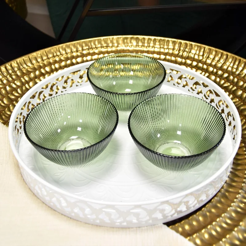 Elegant Olive Ridged Glass Bowl- Set of 3