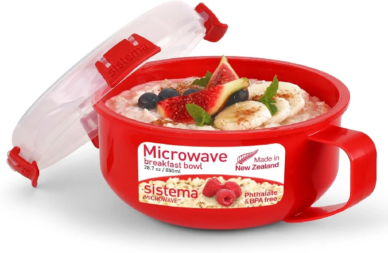 Sistema Microwave Breakfast Plastic Bowl | Round Microwave Container with Lid & Steam Release Vent | 850 ml | BPA-Free | Red | 1 Count