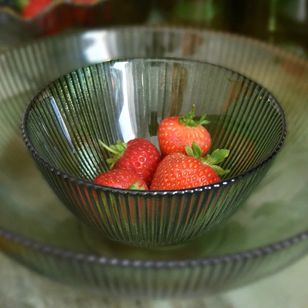 Small Green Glass Bowl with Elegant Ridges