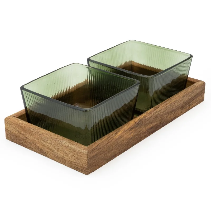 Elegant Green Glass Bowls with Acacia Wooden Tray