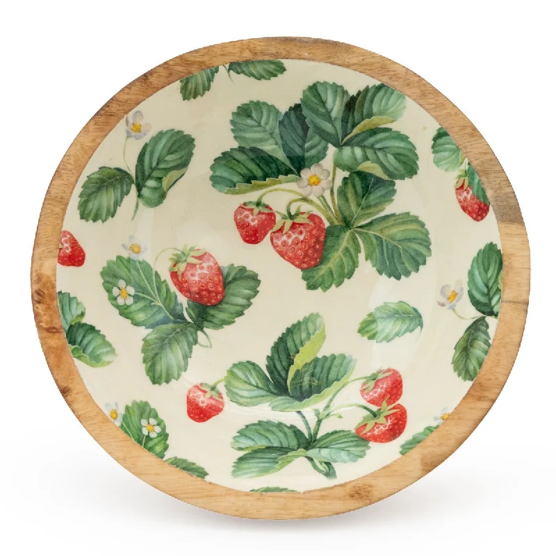 Strawberry Patch Enamel Print Large Mango Wood Bowl