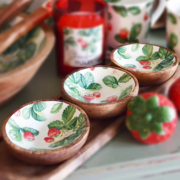 Strawberry Patch Set: 3 Small Dipping Bowls on Mango Wood Tray