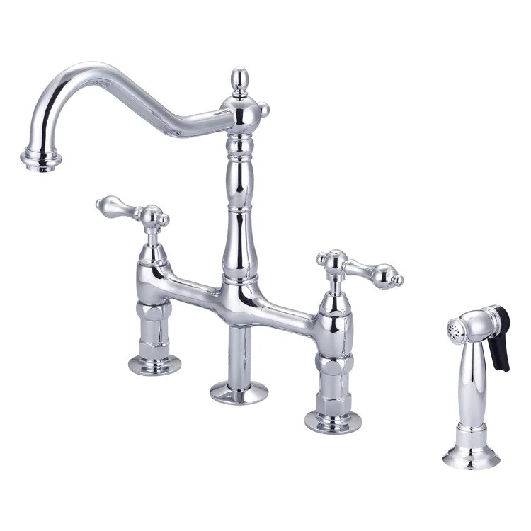 Kitchen Faucet Emral Bridge 2 Metal Lever Polished Chrome Gooseneck Swivel Spout