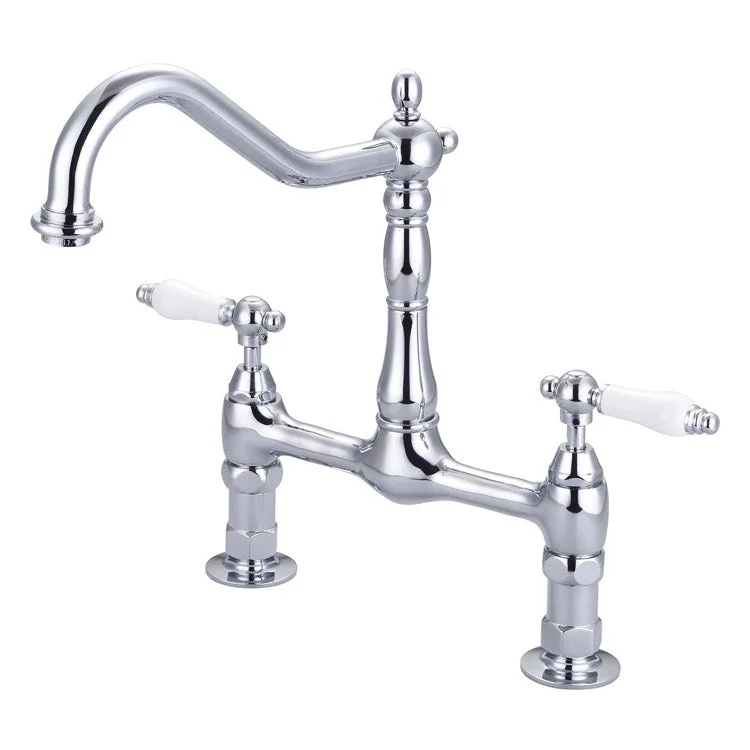 Kitchen Faucet Guthrie Bridge 2 Porcelain Lever Polished Chrome Hooked Swivel Spout