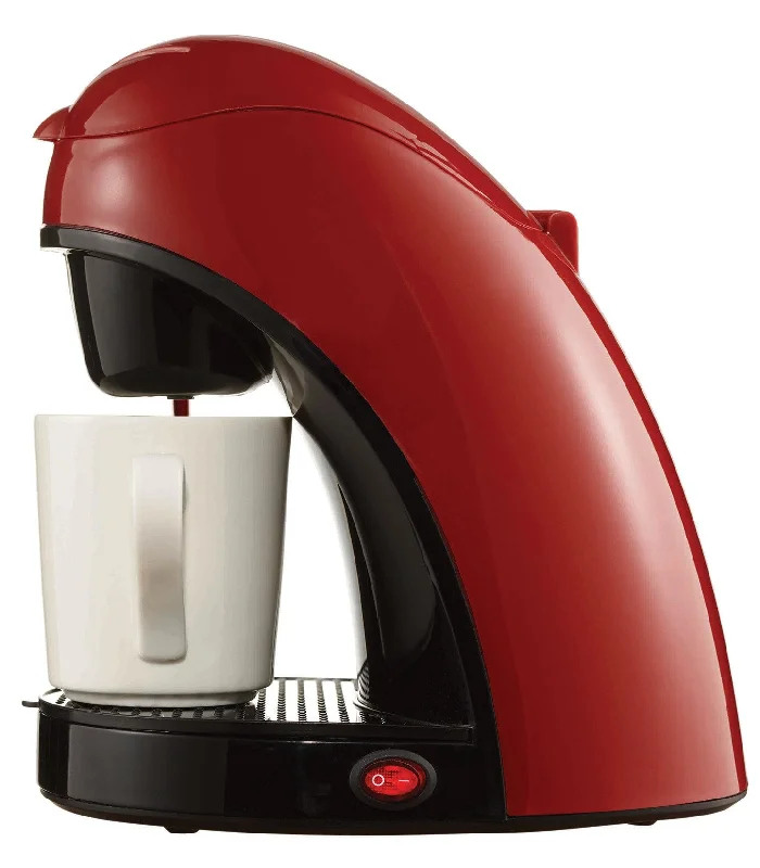 Brentwood 120W Red 1-Cup Coffee Maker 8.75 x 6.75 x 9.5 in. with Porcelain Mug & Measuring Spoon