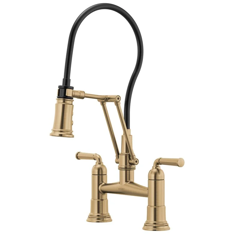 Kitchen Faucet Rook Bridge with Finished Semi-Flexible Hose 2 Lever ADA Brilliance Luxe Gold 1.8 Gallons per Minute