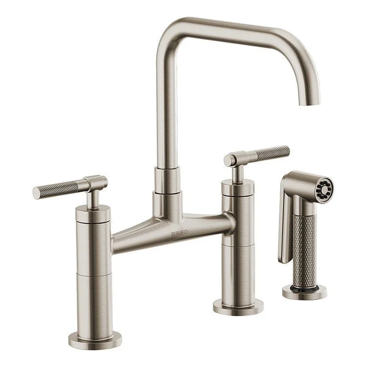 Litze Two Handle Kitchen Bridge Faucet with Square Spout/Knurled Handle/Side Sprayer