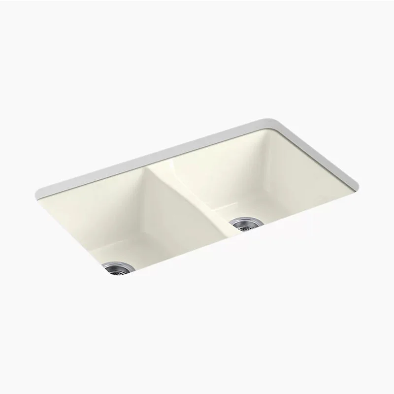 Deerfield 22" x 33" x 9.63" Enameled Cast Iron Double-Basin Undermount Kitchen Sink in Biscuit