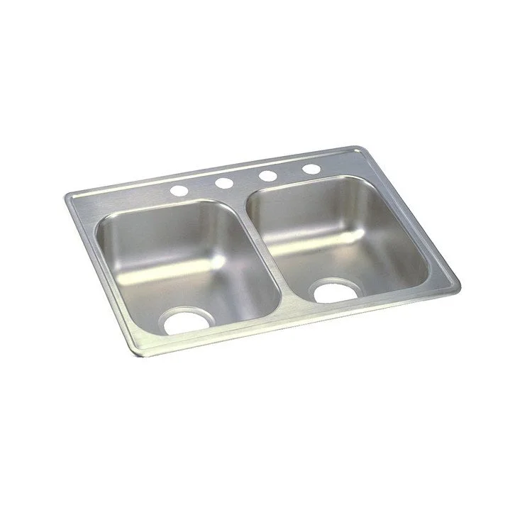 Kitchen Sink Dayton 25 x 19 Inch Double Bowl Equal 4 Hole ADA Satin Drop-In Rectangle Drain Location Center Depth 6-1/3 Inch Bottom Only Pads