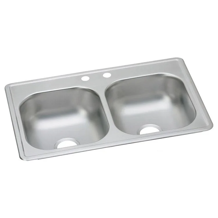 Kitchen Sink Dayton 33 x 19 Inch Double Bowl Equal 2 Hole ADA Satin Drop-In Rectangle Drain Location Center Depth 6-4/9 Inch Bottom Only Pads