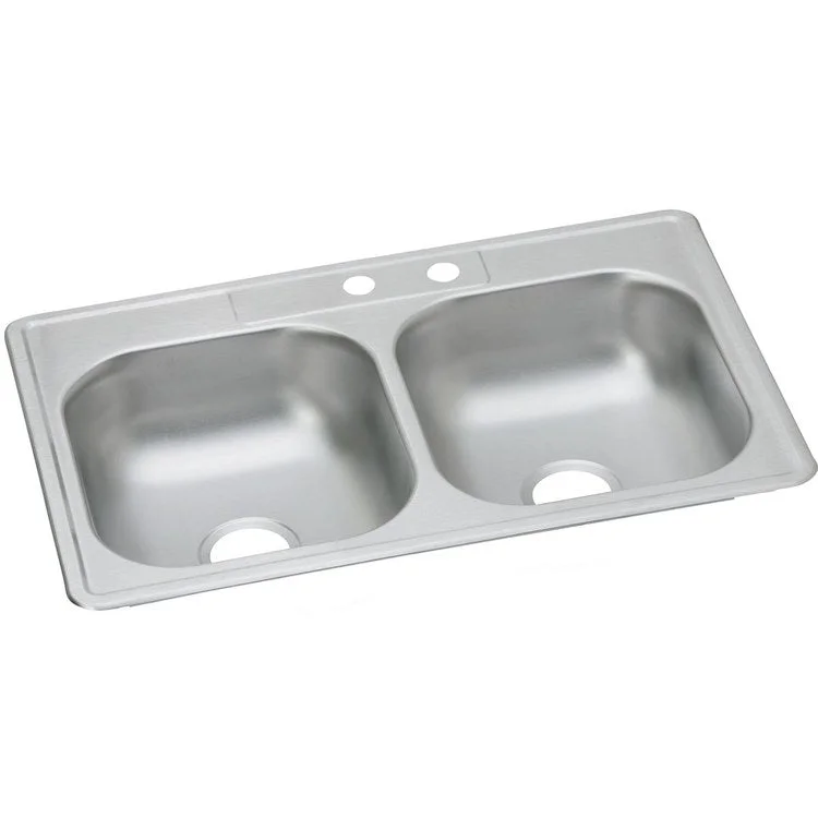 Kitchen Sink Dayton 33 x 21.25 Inch Double Bowl Equal MR2 Hole ADA Satin Top Mount Rectangle Drain Location Center Depth 6-4/7 Inch Bottom Only Spray