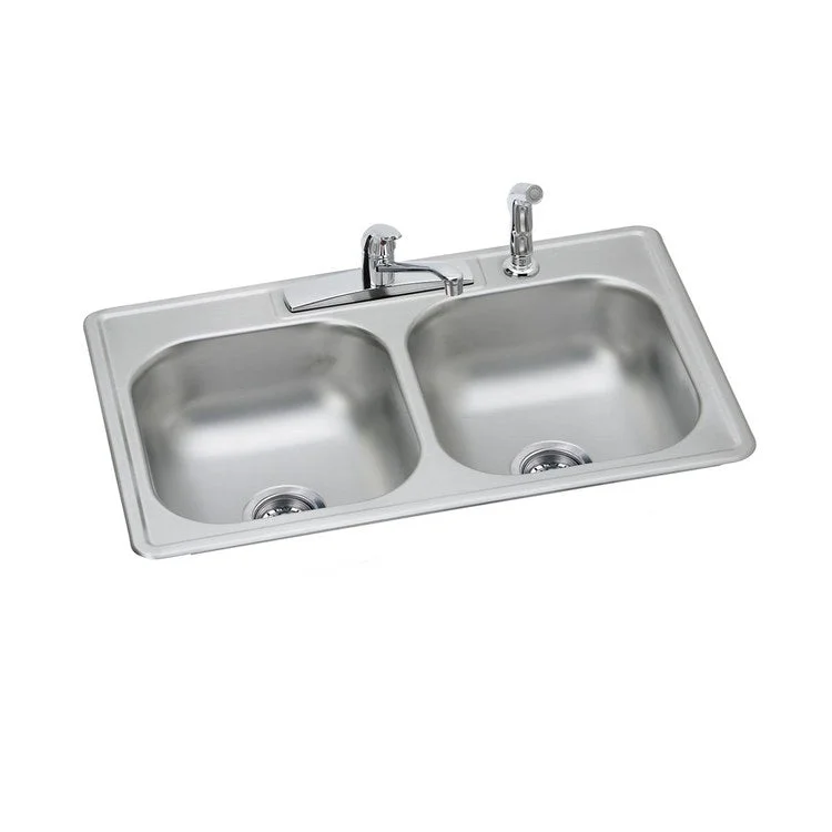 Kitchen Sink Dayton 33 x 22 Inch Double Bowl Equal Kit with Faucet Satin 4 Hole Drop-In