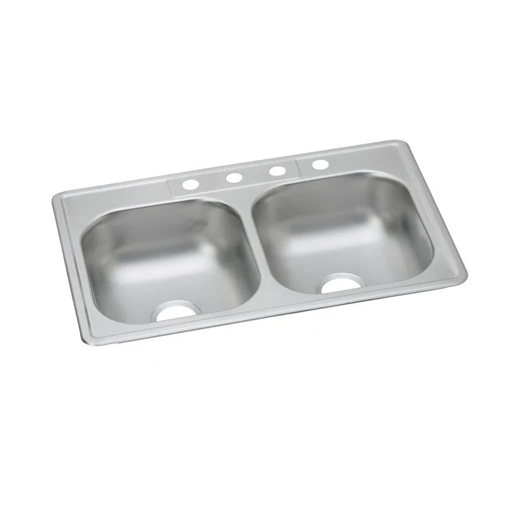 Kitchen Sink Dayton 33 x 22 Inch Double Bowl Equal 3 Hole Satin Top Mount Drain Location Center Bottom Only Spray