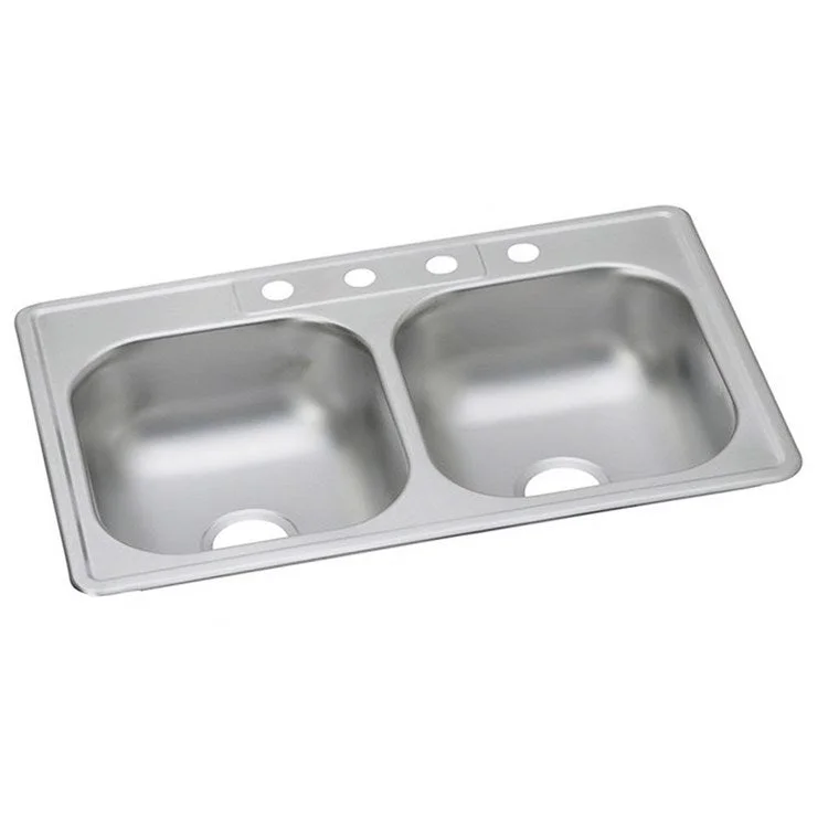 Kitchen Sink Dayton 33 x 22 Inch Double Bowl Equal 4 Hole Satin Top Mount Drain Location Center Bottom Only Spray