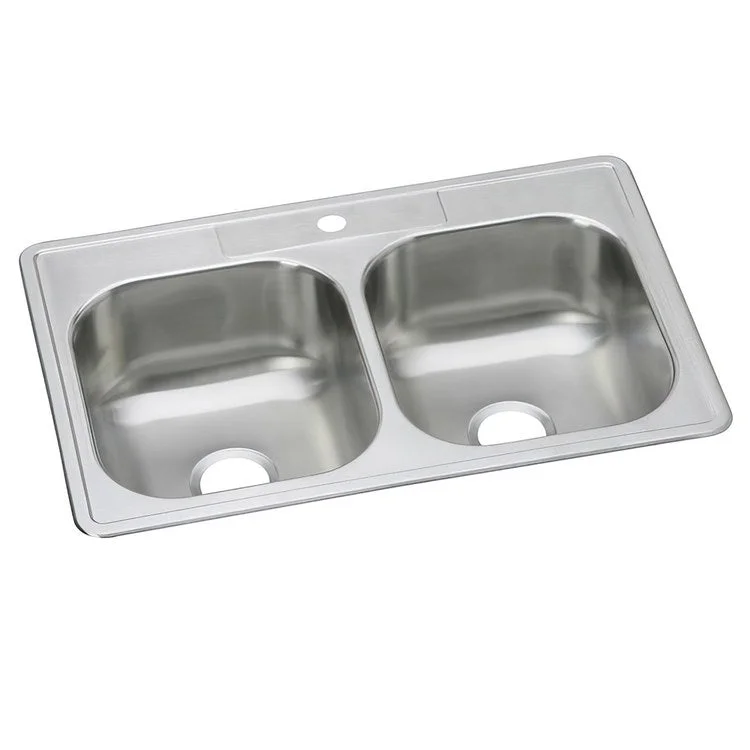 Kitchen Sink Dayton 33 x 22 Inch Double Bowl Equal 1 Hole Elite Satin Drop-In Drain Location Center Multiple of 10 Bottom Only Pads