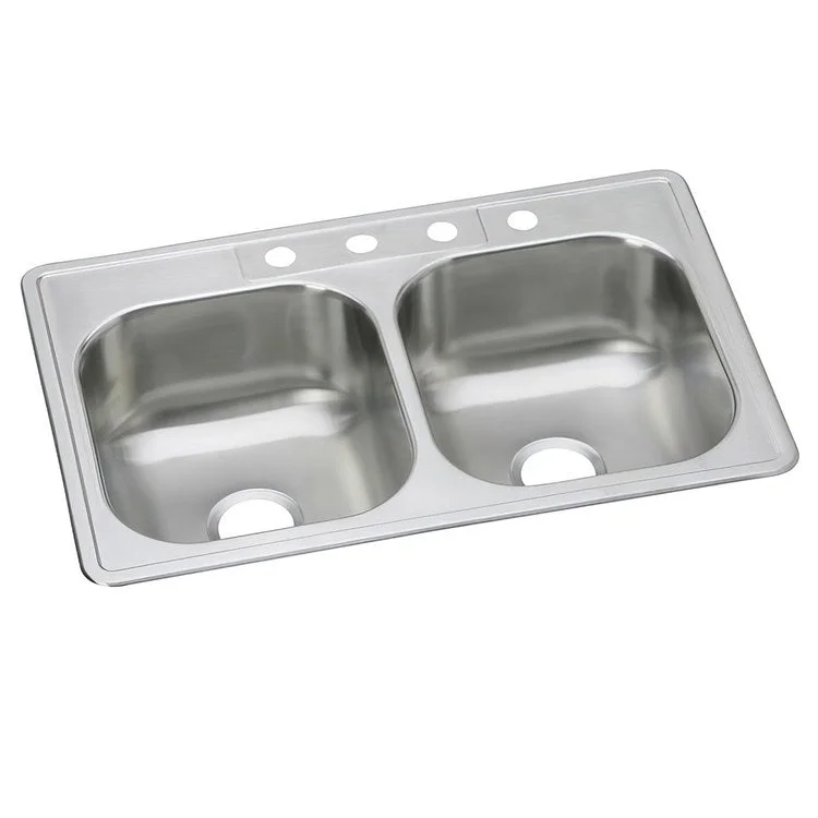 Kitchen Sink Dayton 33 x 22 Inch Double Bowl Equal 4 Hole Elite Satin Drop-In Drain Location Center Multiple of 10 Bottom Only Pads