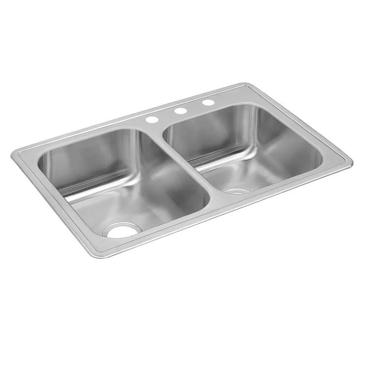 Kitchen Sink Dayton 33 x 22 Inch Double Bowl Offset 3 Hole Satin Drop-In