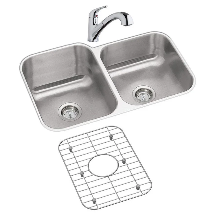 Kitchen Sink Dayton 31.75 x 20.5 Inch Double Bowl Offset Kit with Faucet & Bottom Grid Radiant Satin Undermount