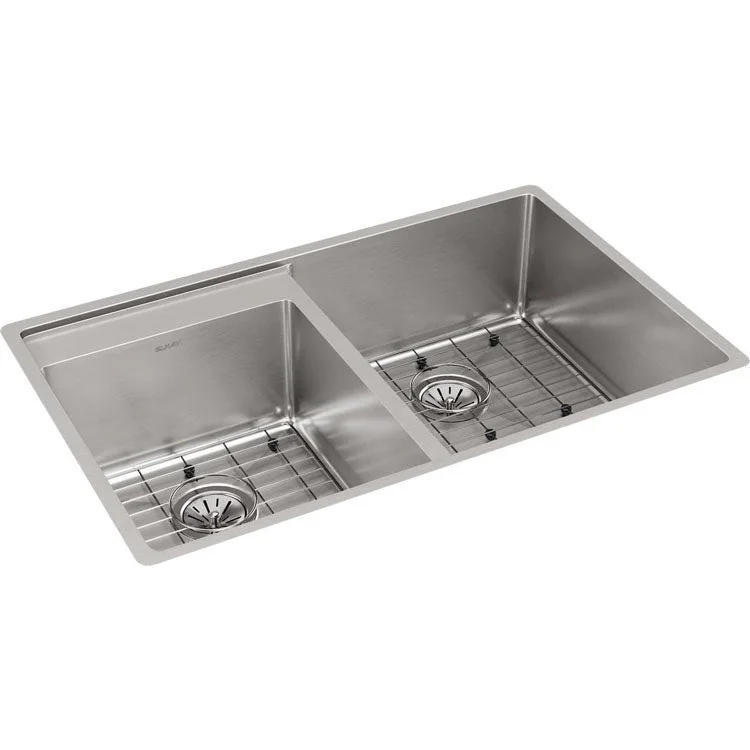 Crosstown 32-1/2" Double Bowl Stainless Steel Undermount Kitchen Sink with Grid/Left Deck/No Holes