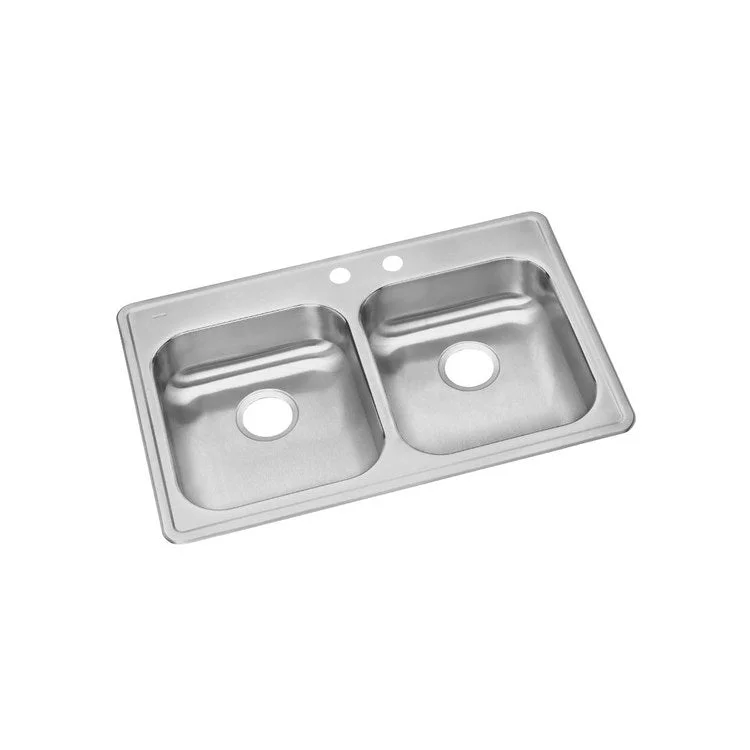 Kitchen Sink Dayton 33 x 21.25 Inch Double Bowl Equal MR2 Hole ADA Satin Top Mount Rectangle Drain Location Rear Center Depth 5-3/8 Inch Bottom Only Pads