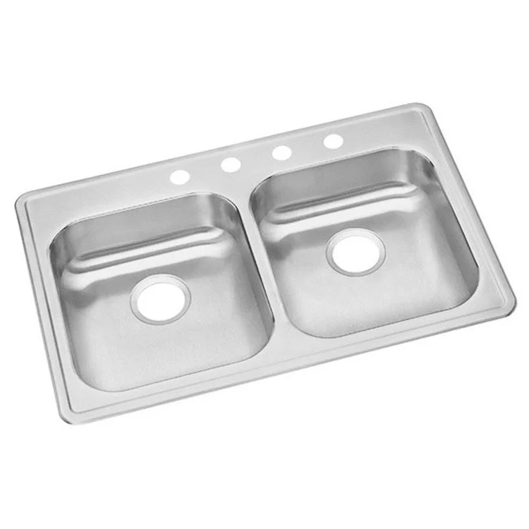 Kitchen Sink Dayton 33 x 22 Inch Double Bowl Equal 1 Hole ADA Satin Drop-In Rectangle Drain Location Rear Center Depth 5-3/8 Inch Bottom Only Pads