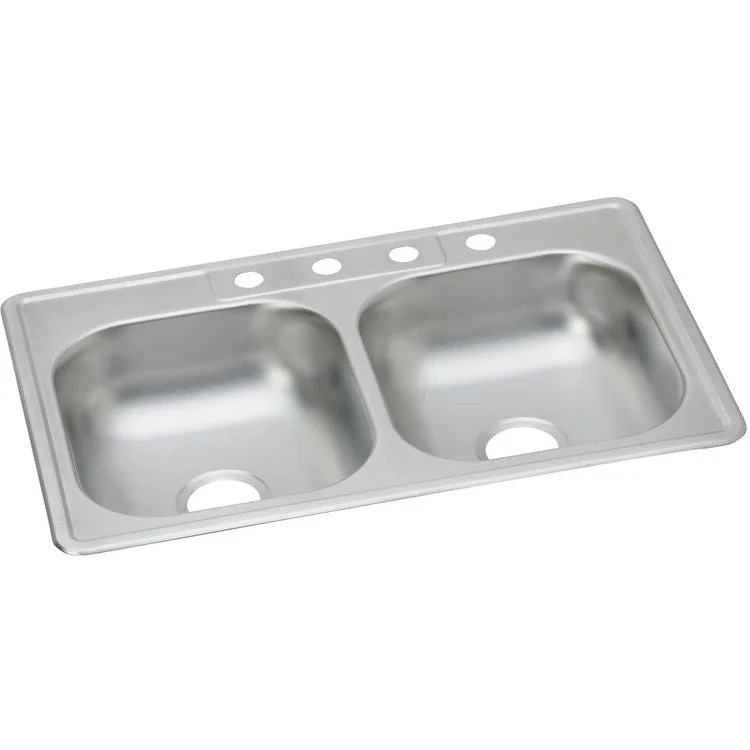 Kitchen Sink Dayton 33 x 22 Inch Double Bowl Equal MR2 Hole ADA Satin Drop-In Rectangle Drain Location Center Depth 6 Inch Bottom Only Pads