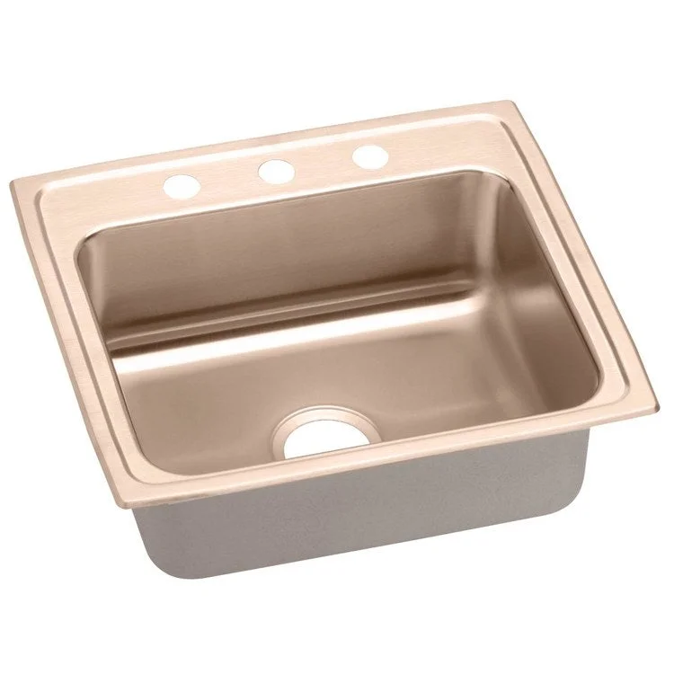 Kitchen Sink 22 x 19.5 Inch Single Bowl 3 Hole Copper Drop-In CuVerro Antimicrobial Copper Drain Location Center Full Spray Sides and Bottom