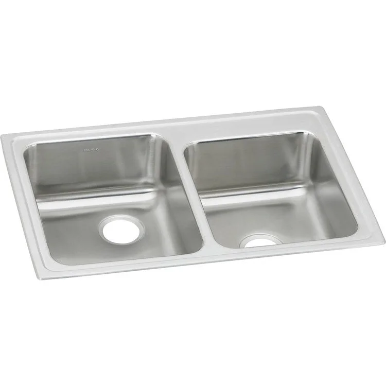 Kitchen Sink Lustertone Classic 33 x 22 Inch Double Bowl Lustrous Highlighted Satin Top Mount Stainless Steel Drain Location Center Rear Drain Location Center Sound Guard