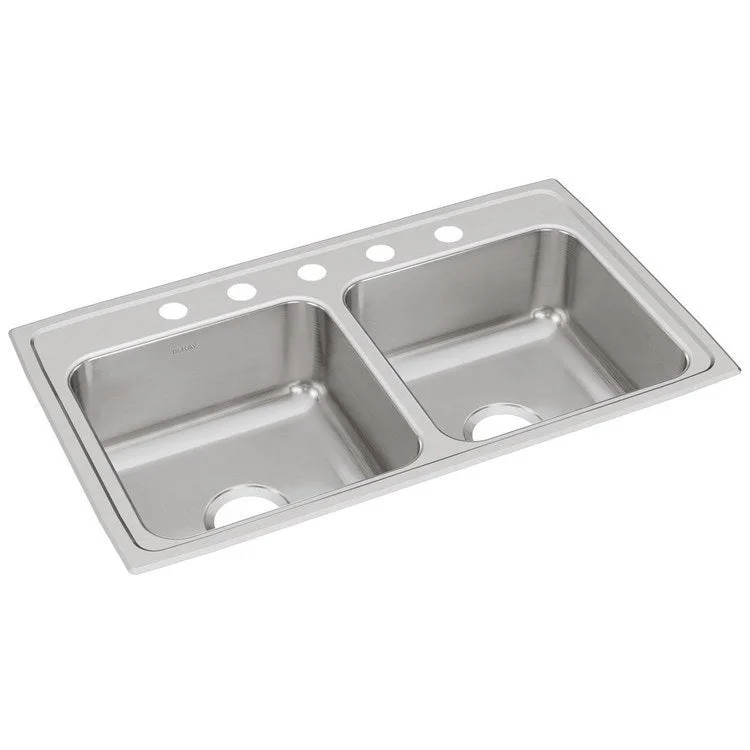 Kitchen Sink Lustertone Classic 33 x 19.5 Inch Double Bowl Equal 5 Hole Lustrous Satin Drop-In Stainless Steel Drain Location Center Bottom Only Pads