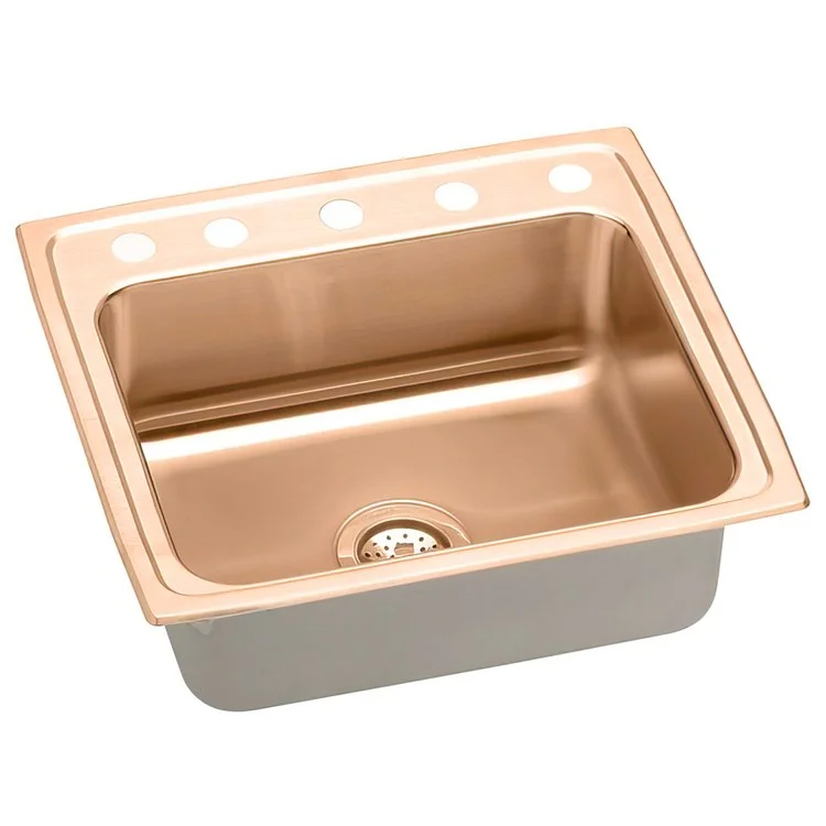 Kitchen Sink 22 x 19.5 Inch Single Bowl 5 Hole ADA Copper Drop-In Rectangle Drain Location Rear Center Depth 4-1/2 Inch Full Spray Sides and Bottom