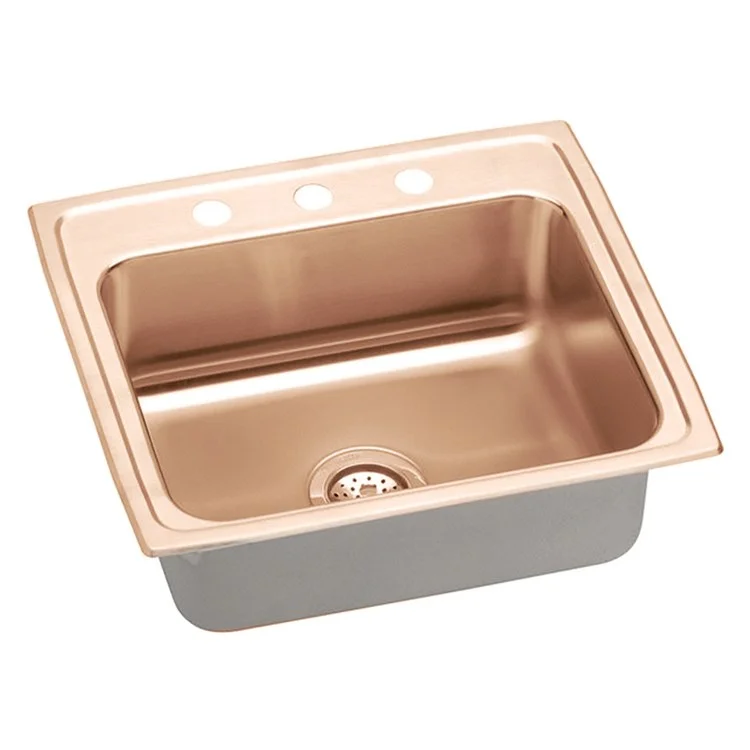 Kitchen Sink 22 x 19.5 Inch Single Bowl 3 Hole ADA Copper Drop-In Rectangle Drain Location Rear Center Depth 5 Inch Bottom Only Pads