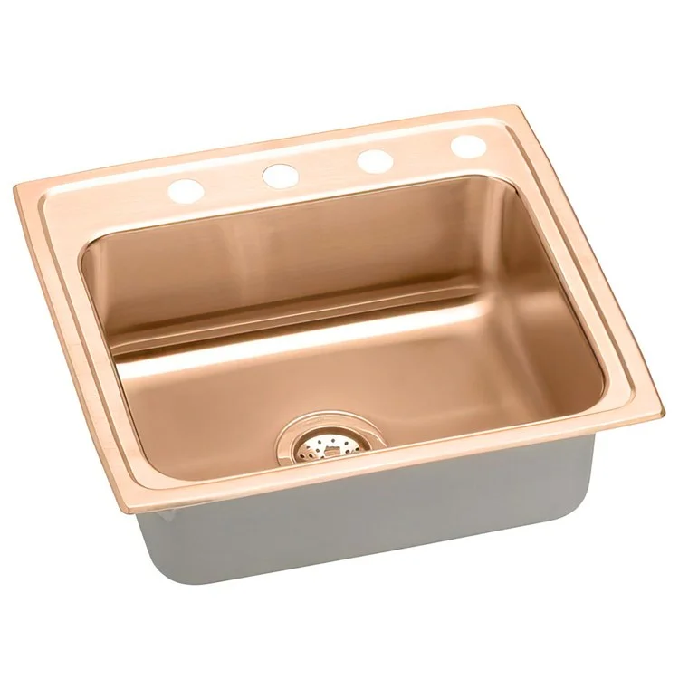 Kitchen Sink 22 x 19.5 Inch Single Bowl 4 Hole ADA Copper Drop-In Rectangle Drain Location Rear Center Depth 5 Inch Bottom Only Pads