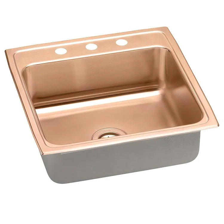 Kitchen Sink 22 x 22 Inch Single Bowl 3 Hole ADA Copper Drop-In Square Drain Location Rear Center Depth 6 Inch Full Spray Sides and Bottom