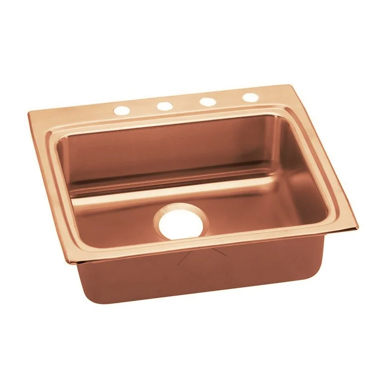 Kitchen Sink 25 x 22 Inch Single Bowl 1 Hole ADA Copper Drop-In Rectangle Drain Location Rear Center Depth 4 Inch Bottom Only Pads