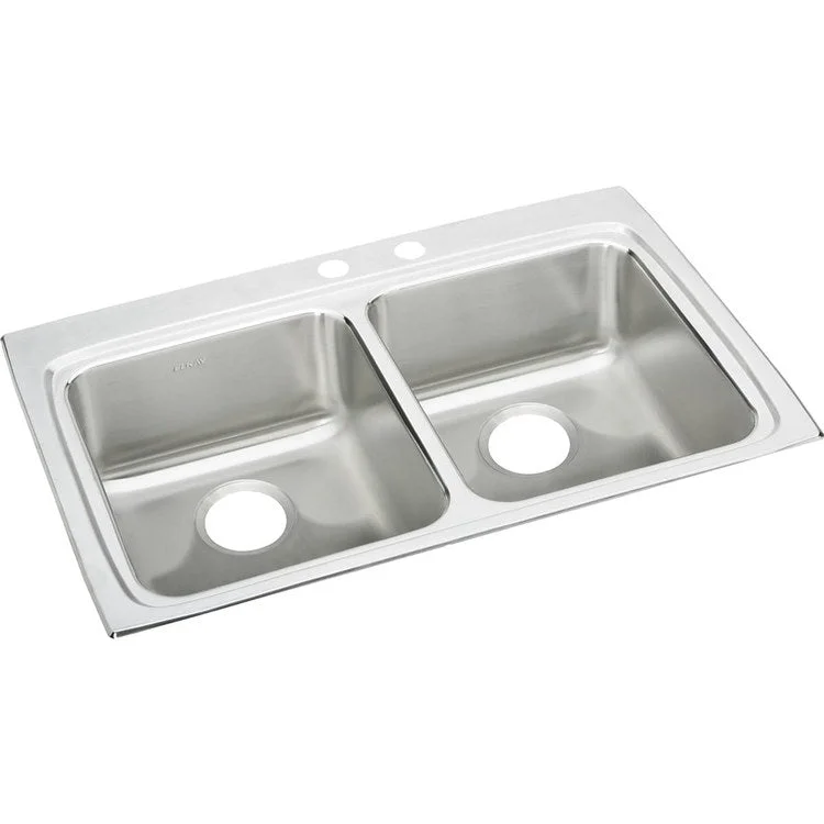 Kitchen Sink Lustertone Classic 33 x 22 Inch Double Bowl Equal MR2 Hole ADA Lustrous Satin Drop-In Rectangle Drain Location Rear Center Depth 6-1/2 Inch Bottom Only Pads