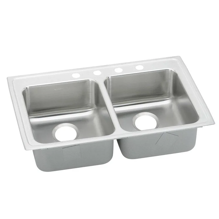 Kitchen Sink Lustertone Classic 33 x 19.5 Inch Double Bowl Equal 1 Hole ADA Lustrous Satin Drop-In Rectangle Drain Location Rear Center Depth 5-1/2 Inch Quick Clip Mounting System Bottom Only Pads