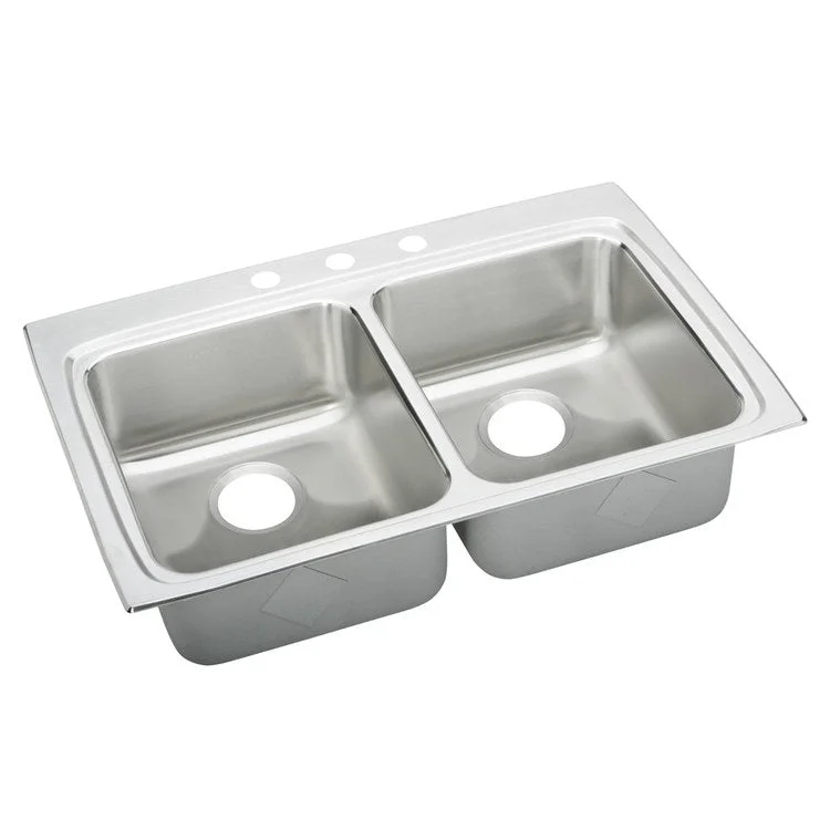 Kitchen Sink Lustertone Classic 33 x 22 Inch Double Bowl ADA Lustrous Highlighted Satin Top Mount Rectangle Drain Location Rear Center Depth 6 Inch Quick Clip Mounting System Full Spray Sides and Bottom