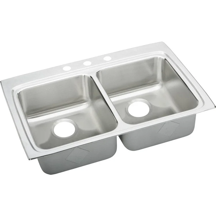 Kitchen Sink Lustertone Classic 33 x 22 Inch Double Bowl Equal 4 Hole ADA Lustrous Satin Drop-In Rectangle Drain Location Rear Center Depth 6-1/2 Inch Quick Clip Mounting System Bottom Only Pads