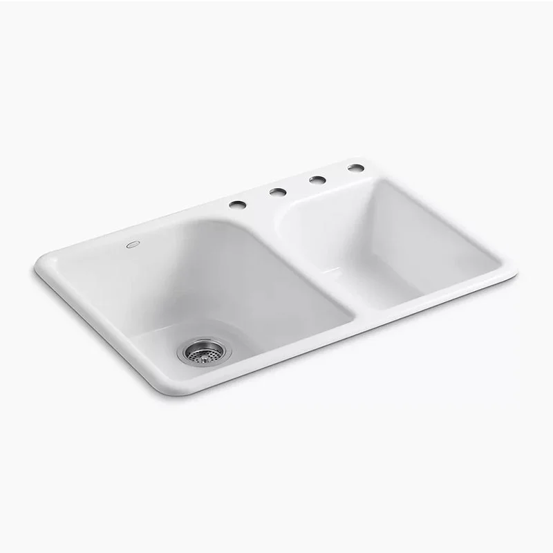 Executive Chef 22" x 33" x 10.63" Enameled Cast Iron Double Basin Drop-In Kitchen Sink in White